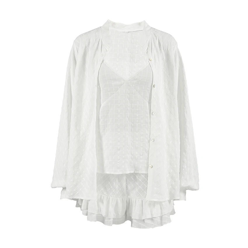 QINSI Autumn Plaid Women Nightwear Pajamas O Neck Full Sleeves Top Lace up Vest Shorts 3 Piece Pajamas Casual Lounge Wear Set
