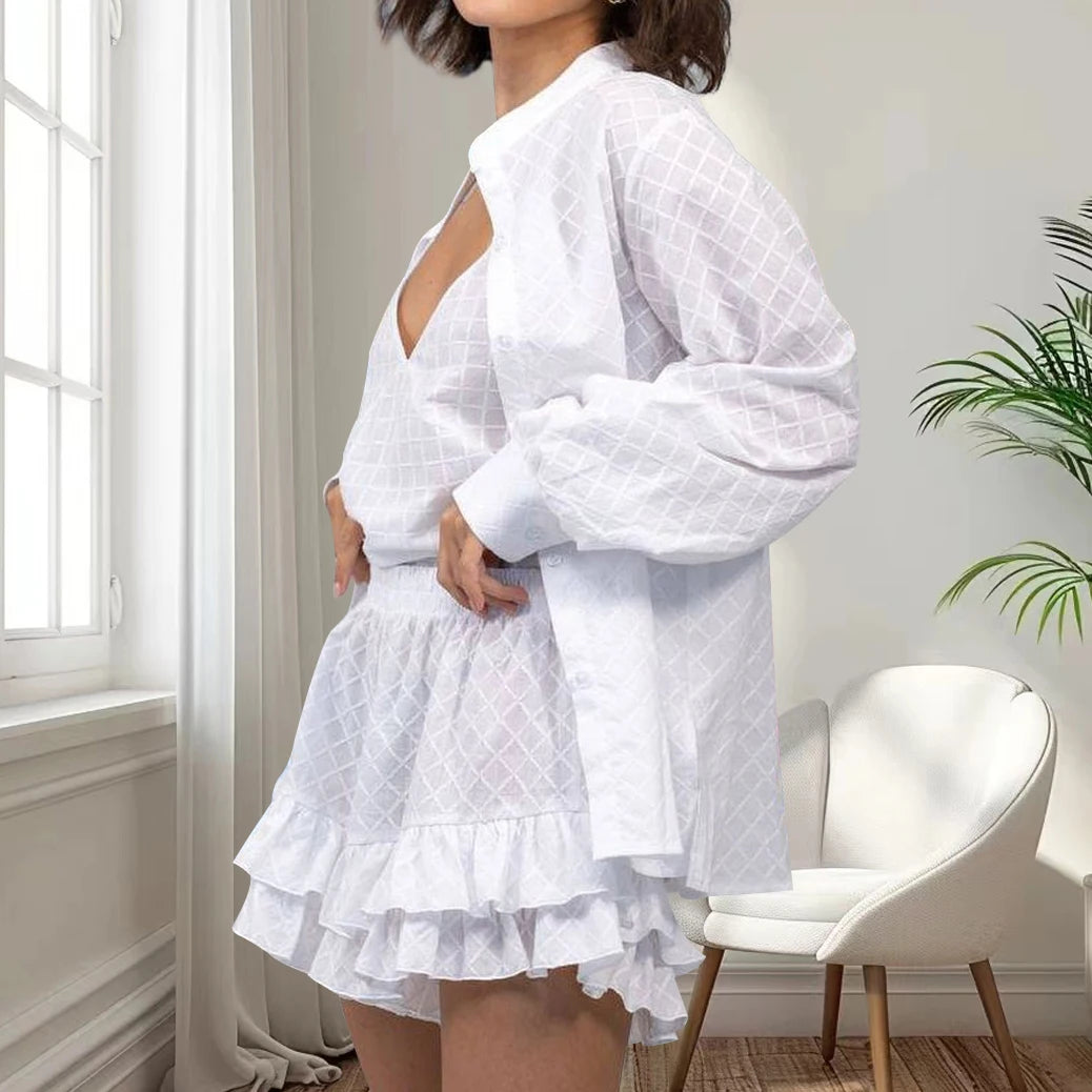QINSI Autumn Plaid Women Nightwear Pajamas O Neck Full Sleeves Top Lace up Vest Shorts 3 Piece Pajamas Casual Lounge Wear Set