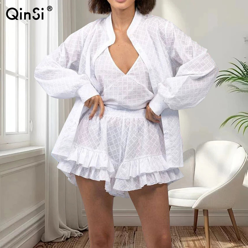 QINSI Autumn Plaid Women Nightwear Pajamas O Neck Full Sleeves Top Lace up Vest Shorts 3 Piece Pajamas Casual Lounge Wear Set